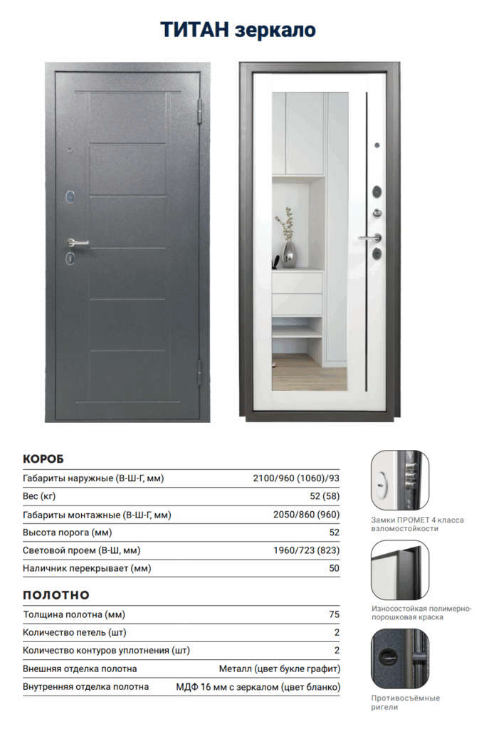 Дверь ТИТАН-2050/860/ L Зеркало Бел Дуб Графит — фото 4
